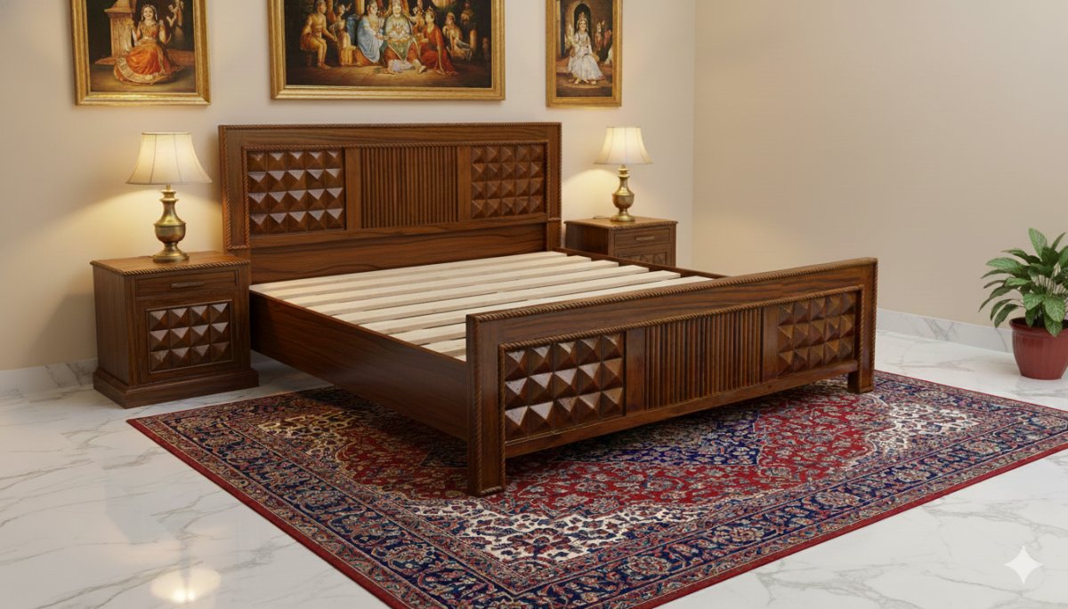 Premium Solid Wood King Size Bed with Hand-Carved Geometric Panels - Image 2